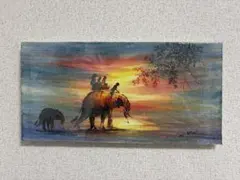 Visal カンボジア女性作家 サイン入り絵画｜象と夕陽 現地で本人から直接購入 Visal カンボジア女性作家 サイン入り絵画｜象と夕陽 現地で本人から