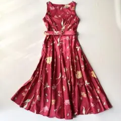 ローラアシュレイ 花柄 ワンピース ベルト付き 赤 フレア ロング クラシカル