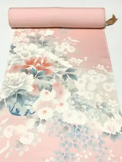 着物 付下げ 洗い張り 桜色 花文様 正絹 反物 リメイク素材 ハンドメイド材料のサムネイル
