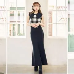 Darich ビッグカラーギンガムチェックニットロングワンピース BLK