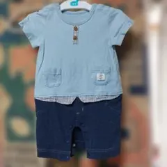 水色 紺色 ロンパース 重ね着風 70cm