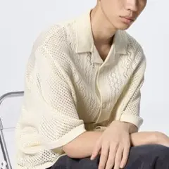 GU ウォッシャブルメッシュニットシャツ　S 01OFFWHITE