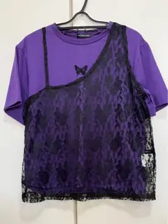 紫 レース重ね着風 Tシャツ Lサイズ