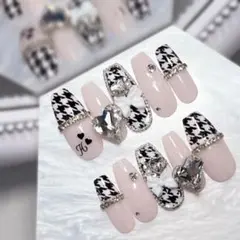 ネイルチップ 千鳥柄 リボン ワンホンネイル 量産型 地雷 ちゅるん キラキラ
