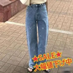 【新品同様♡リボン刺繍】ワイドデニム ハイウエスト ライトブルー S