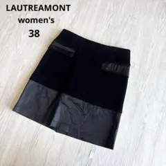 【ロートレアモン】ミニスカート ウール混 フェイクレザー切替 黒 38 可愛いのサムネイル