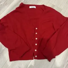 LOWRYS FARM 赤 Vネック カーディガン　フリルカーディガン