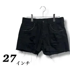 ショートパンツ　黒　ブラック　ダメージ加工　デニム　スタッズ