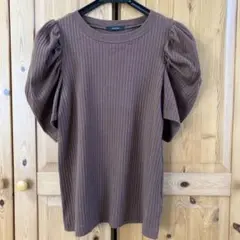 ブラウン リブ編み パフスリーブ Tシャツ
