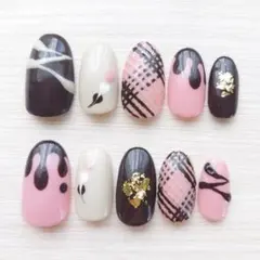 【現品販売】濃茶ブラウン×ピンク｜大人可愛いチョコネイル (オーダー+300円)