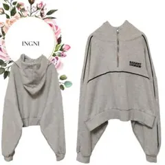 【イング】INGNI♡ハーフジップパーカーフード付ショート丈【М】ロゴ刺繍グレー