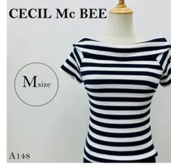 セシルマクビー　半袖ニット　背面リボン　M　ホワイト×ネイビー