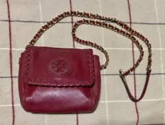 値下げ！Tory Burch 赤 レザー ゴールドチェーン小型ショルダーバッグ