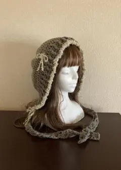 耳あて付きニット帽 ボンネット バラクラバ 手編み かぎ編み 森ガール ナチュラ