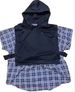 【Avail】半袖パーカー 重ね着風 チェック柄 ブラック レディース