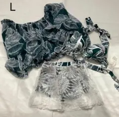Lサイズ リーフ柄 ビキニ 水着 3点セット パフスリーブトップス レース