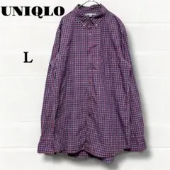 ユニクロ　チェック柄 長袖シャツ 赤×青　ボタンダウン コットン100% L