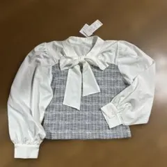 リボン付きチェック柄長袖ブラウス