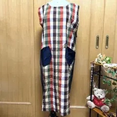 R76 ロングエプロン チェック柄 マルチカラー　綿100%のサムネイル