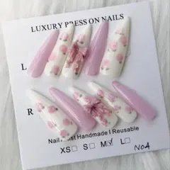 No.4-M】ネイルチップ ちゅるん 韓国 薔薇 リボン ピンク ワンホン 花