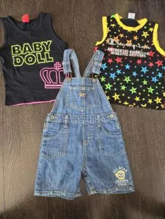 デニムオーバーオールとBABYDOLL、チャンピオンタンクトップセット