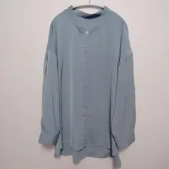 03大きいサイズ　シャツ　ブラウス★ブルーグレー★長袖 バンドカラーシャツ 無地
