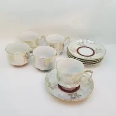 【昭和レトロ】ラスター彩 カップ＆ソーサー 5客セット オーロラ 虹色 金彩