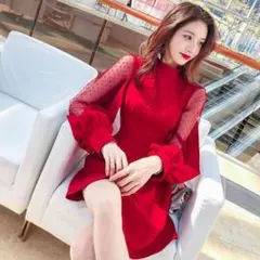 バックリボン ドレス パーティドレス ミニドレス 長袖 透け感 ハイウエスト