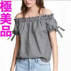 【美品】H&M ギンガムチェック オフショルダー 半袖　ブラウス　トップス　白黒
