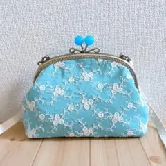 刺繍　がま口ショルダーバッグ　ポシェット　21cm口金　アクアターコイズ　666