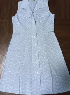 水色チェック ノースリーブひざ丈ワンピース