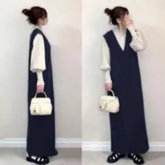 Vネック　サロペット オールイン　ワンピース　ネイビー　無地　フリーサイズ