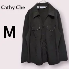 Cathy Che【М】長袖シャツ ブラウス 黒/ブラック ビーズ装飾