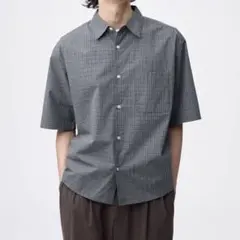 GU ブロードオーバーサイズチェックシャツ(5分袖) L グレーチェック柄