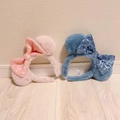 ミッキー ミニー カチューシャ ディズニー　リボンファー　スパンコール　ピンク