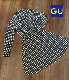 ひざ丈ワンピース　チェック柄ウエストリボン付き　長袖　薄手　透け感あり　春