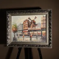 手書き油絵 パリの風景 ムーラン・ルージュの風車 額付 絵画 油彩画