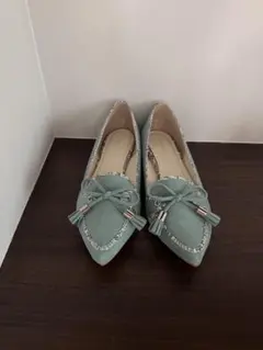ミントグリーン フラットシューズ リボン付