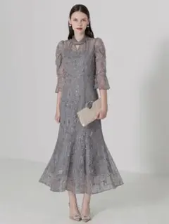 スパンコール花柄パフスリーブマーメイドワンピースドレス結婚式成人式パーティー