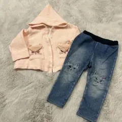 キッズ子ども女の子長袖カーディガンデニムパンツ２点セット８０センチ