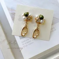 【 307 】ビジュー グリーンパール ゴールド ピアスorイヤリング