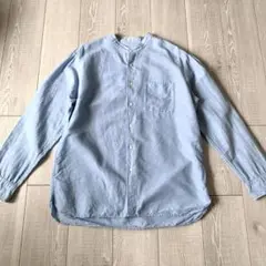 ユニクロ メンズ リネン混 バンドカラー 長袖シャツ XL 水色