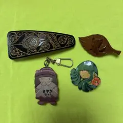 木製アクセサリー 4点セット ヘアクリップ ブローチ キーホルダー