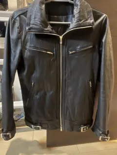 ブラックレザーライダースジャケット 牛革 Iライン