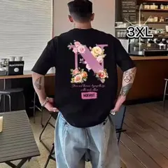 Tシャツ　花柄バックプリント　オーバーサイズ　ブラック　半袖　韓国系　ストリート