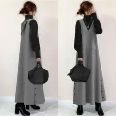 ハイネック Vネックワンピース ドッキング ロング 秋冬 上品 リボン