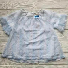 130㎝＊ 水色と白のストライプ 半袖レースブラウス