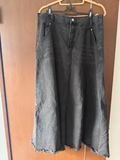 ダークグレー デニムロングスカート フリンジヘム