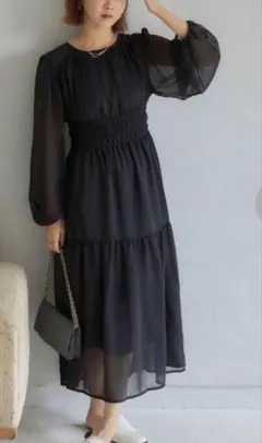 しまむら 田中里奈 コラボ　楊柳シアーワンピース 黒 Ｌ　パーティー 上品