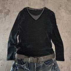 00s Y2K COMME CA ISM 短丈 Vネック レイヤード風リブロンTのサムネイル